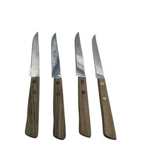 VTG Set 4 Kane-Kut Stainless Steel Serrated Steak Knives Wooden Handles Japan